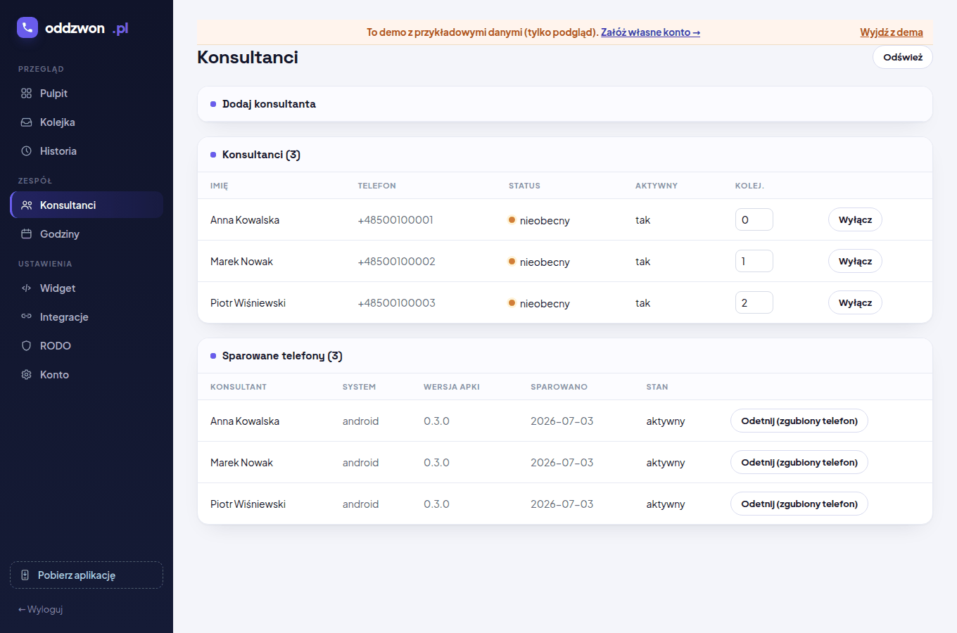 Widok Konsultanci w panelu oddzwon.pl z listą zespołu i sekcją Sparowane telefony