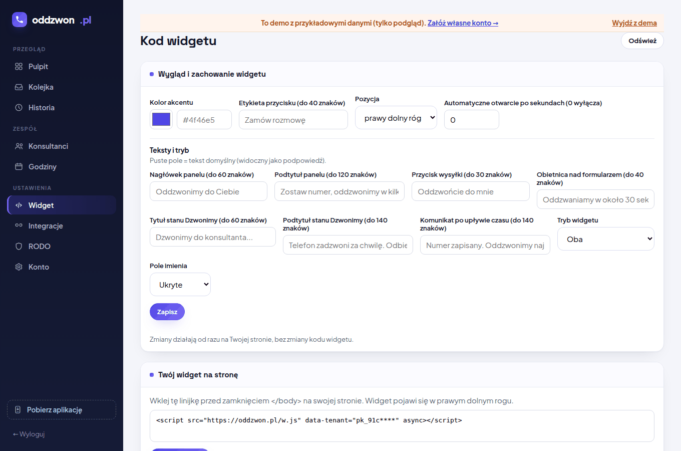 Widok Kod widgetu w panelu oddzwon.pl ze snippetem i kodem QR do parowania aplikacji
